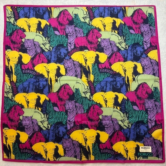 Fiorucci Accessories - Vtg FIORUCCI Scarf Handkerchief Animal Safari Cotton Multi Color 17.5"
